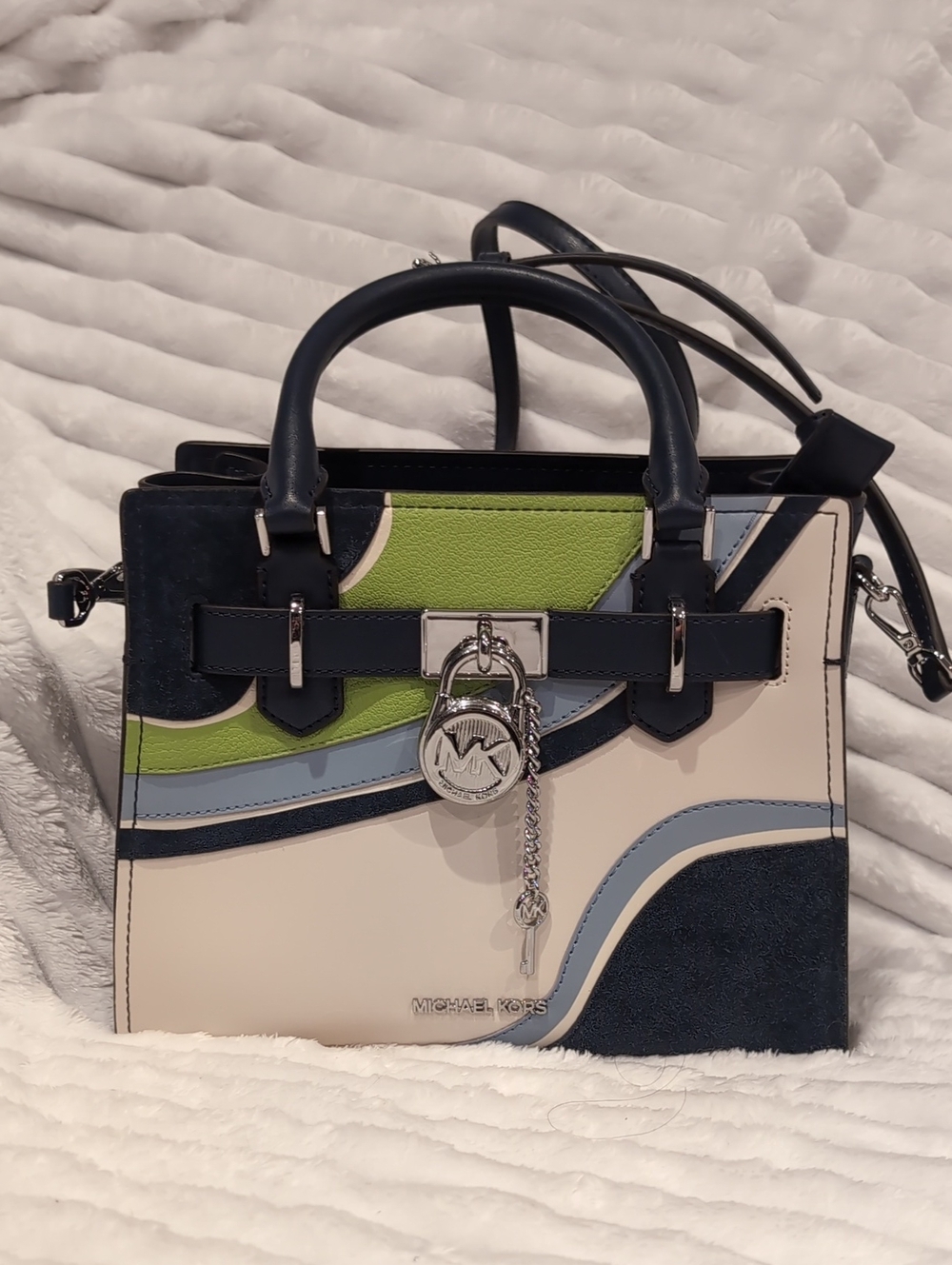Michael Kors Hamilton Small Patchwork Satchel In Navy/Multi